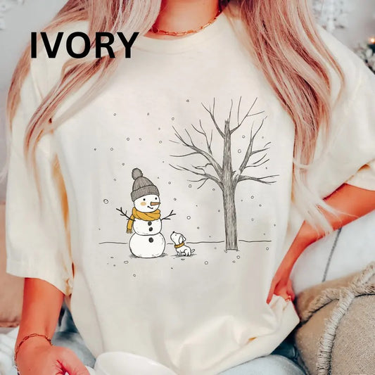 Snowman and dog Comfort Colors Women's Oversized Printed Christmas Shirt - Cotton, Comfortable