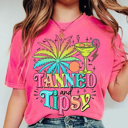 Tanned And Tipsy Bright Doodle Funny Summer Quotes Summer Vibes Digital Download Hello Summer Beach Vacation Cotton Sleeve Cotton Sleeve
