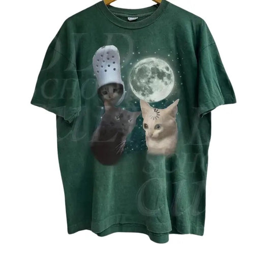 Three Cats Retro Moon Graphic T-shirts, Vintage Cat MoonMeme Tshirt, Cat Lovers, Funny Cat Tee, Washed Tee, Weird Meme T Shirt