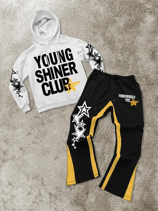Two-Piece Set Men's Stars Graphic Hoodie & Colorblock Print Flare Leg Sweatpants, Regular Fit Street Casual Drawstring Long Sleeve Hoodie & Jogger Pants for Fall & Winter, Men's Two-piece Outfits for Daily Wear