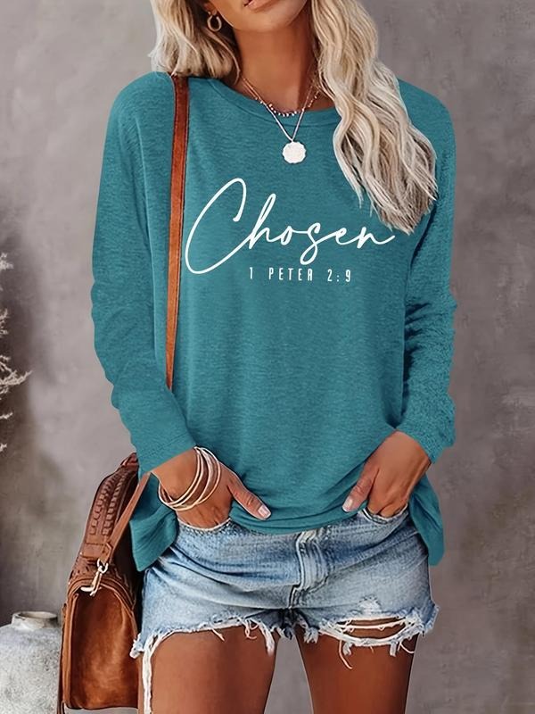 Women's Letter Print Round Neck Tee, Casual Long Sleeve Crew Neck T-shirt for Fall & Winter, Women's Top for Daily Wearstyle{n002}3