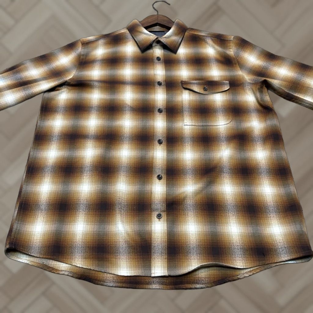 Vintage Swiss Tech Shirt L Copper Penny Plaid Button Up Long Sleeve Casual Travel Workwear Fall Spri