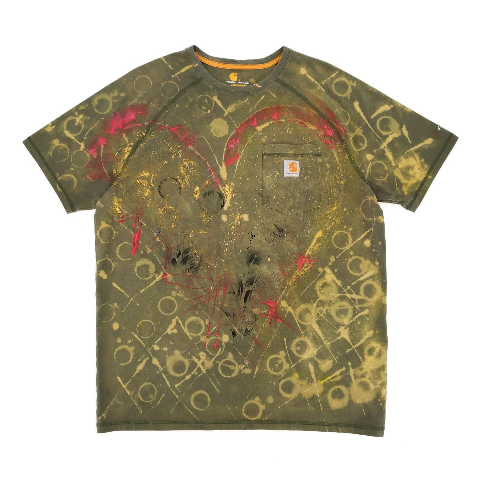 Carhartt Custom Painted Bleached Tie Dye Heart T Shirt Moss