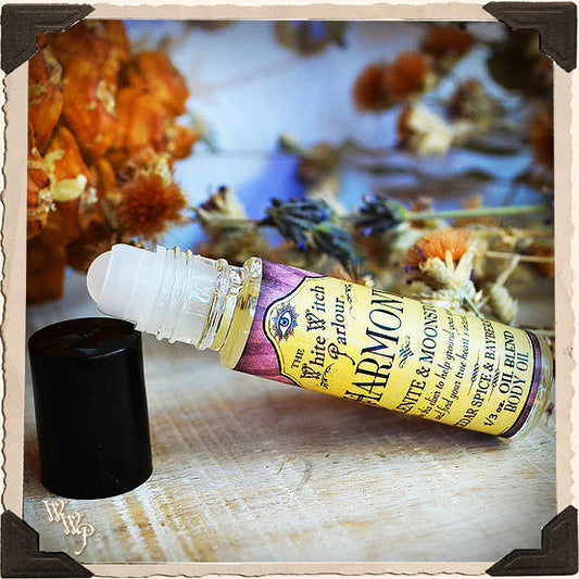 HARMONY Elixir BODY OIL Rollon. Scent of Cedar, Spice & Bayberry. Blessed by Selenite ,Moonstone Crystals.