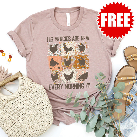 His Mercies Are New Rooster Tee - Heather Pink Gravel