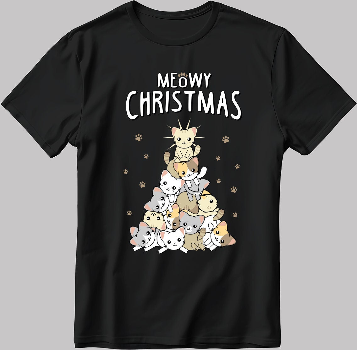 Meowy Christmas Poster Short Sleeve White-Black Men's / Women's T Shirt U318