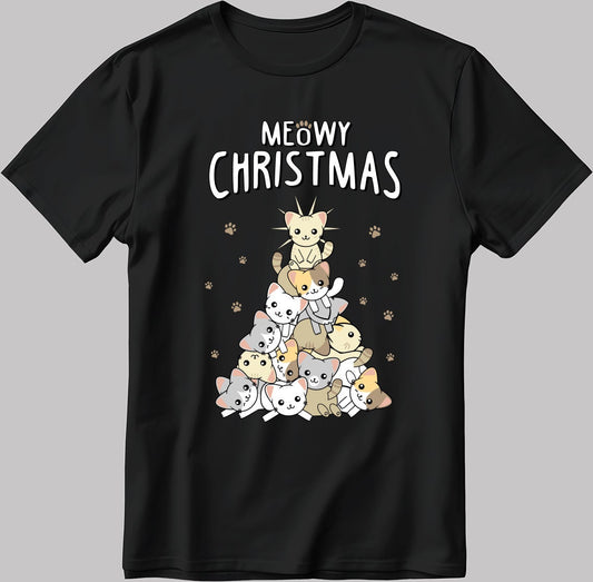 Meowy Christmas Poster Short Sleeve White-Black Men's / Women's T Shirt U318