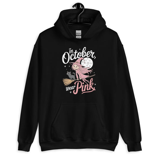 In October We Wear Pink Halloween Witch Unisex Pullover Hoodie